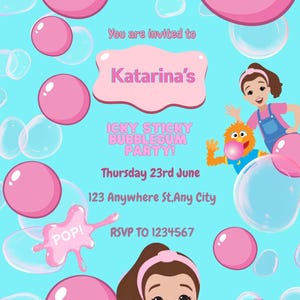 May include: A light blue invitation with pink bubblegum bubbles and the text "Katarina's Icky Sticky Bubblegum Party!" The invitation includes cartoon illustrations of children and a monster blowing bubbles. The date is Thursday, June 23rd.