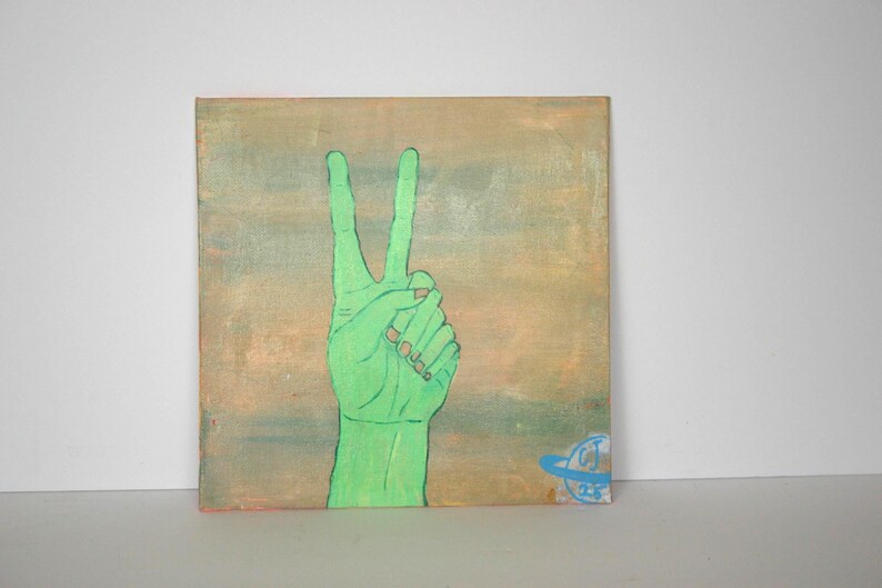 Original Painting Abstract Alien Hand Peace Sign Art Acrylic on Canvas ...