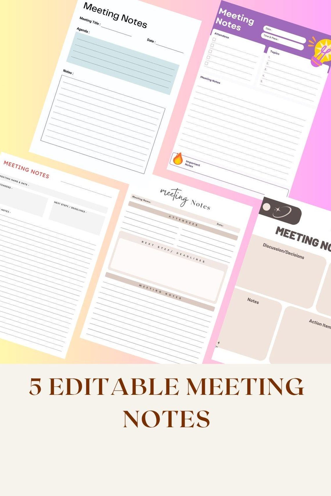 Editable Meeting Notes Template, Printable Work Organizer (PDF & Canva ...