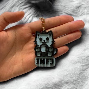 May include: A light blue cat-shaped keychain with a black outline and a gold chain. The keychain has the letters "INFJ" at the bottom. The keychain is held in a hand, with a blurred cat in the background.