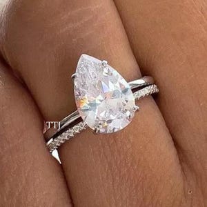 3CT Pear Moissanite Engagement Ring Set 14K Solid Gold Bridal Anniversary Ring