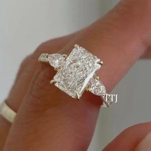 Radiant Cut Moissanite Engagement Ring Three Stone Pear Accent, 925 Silver