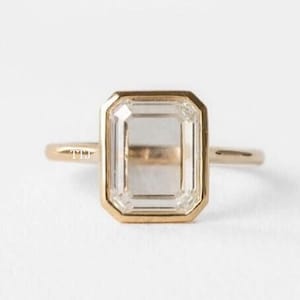 2.50CT Emerald Portrait Cut Moissanite Engagement Ring Solitaire Diamond Portrait Cut Bezel Set Ring 14K Gold Ring Anniversary Gift For Her