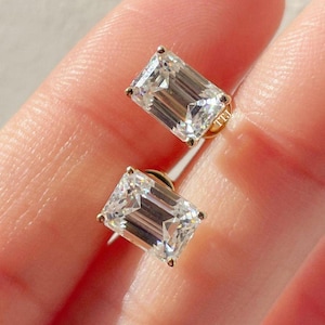 Emerald Cut Moissanite Stud Earrings 18k Gold Plated Emerald Stud Moissanite Stud Earring Emerald Diamond Wedding Earrings Handmade Earrings