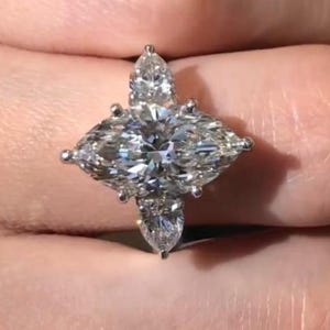 2.5CT Marquise Cut Colorless Moissanite Engagement Ring Trilogy Wedding Ring Solid Gold Three Stone Ring Pear Side Stone Anniversary Ring