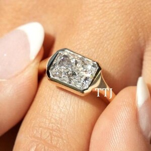 East West Radiant Cut Moissanite Diamond Engagement Ring radiant Bezel Set Ring 14K Gold Ring Solitaire Ring For Her Unique Wedding Ring