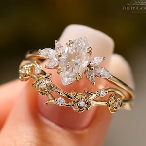 2CT Marquise Cut Moissanite Engagement Ring Set Vintage Inspired Wedding Ring 14K Solid Gold Ring For Her Bridal Set Ring Anniversary Gift