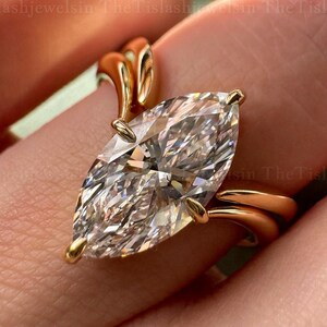 3 CT Marquise Cut Engagement Ring Set Vintage Moissanite Solitaire Ring Set With Unique Matching 14K Solid Gold Wedding Band For Women