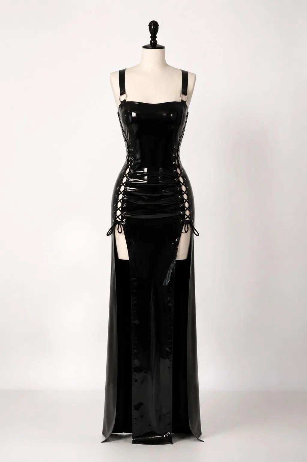 Black latex maxi dress with side ties, high slits and a back zipper.