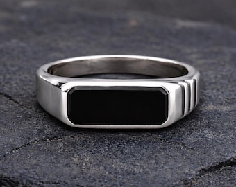Svart onyx signetring, herrsilverring, baguette onyxring, minimalistisk signetring, statementring för honom, present till män