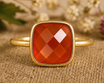 Karneolring, 14k guld vermeil, kuddslipad karneolring, orange ädelstensring, handgjorda smycken, unisex guldring, present till henne