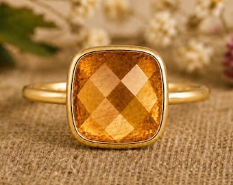 Naturlig citrinring, 14k guld vermeil, kuddslipad citrinring, gul ädelstensring, handgjorda smycken, unisex guldring, present till henne
