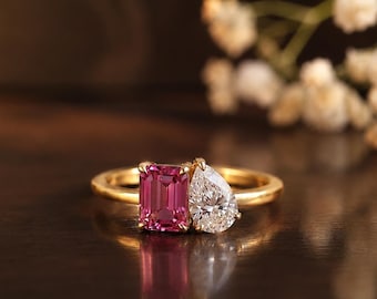 Toi Et Moi-ring, rosa turmalin-diamantring, päronslipad diamantring, förlovningsring med vermeilguld, unik bröllopspresent till henne