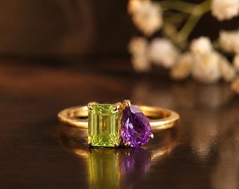 Toi Et Moi-ring, peridot-ametistring, ädelstensring med två stenar, förlovningsring med vermeilguld, unik bröllopspresent till henne
