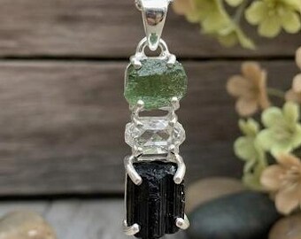 Rå Moldavit, Herkimer Diamant & Svart Turmalin Hänge, 925 Sterling Silver, Läkande Ädelstenshänge, Tektitkristall, Gåva till henne