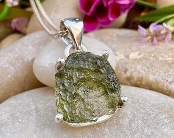 Raw Czech Moldavite Pendant: Sterling Silver Boho Healing Crystal