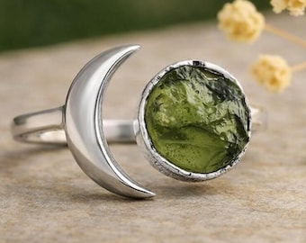 Raw Moldavite Moon Ring, Crescent Moon Ring, 925 Solid Sterling Silver Women Ring, Celestial Crystal Jewelry, Spiritual Gift , Gift For Her
