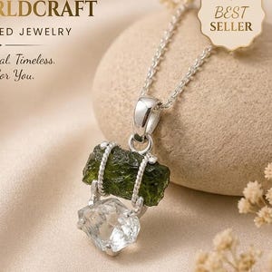 Naturligt Moldavit & Herkimerhänge, 925 Sterling Silver, Läkande Kristall Från Tjeckien, Rå Moldavit Energihänge, Boho Smycken bild 1