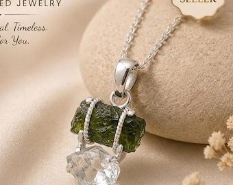 Naturligt Moldavit & Herkimerhänge, 925 Sterling Silver, Läkande Kristall Från Tjeckien, Rå Moldavit Energihänge, Boho Smycken