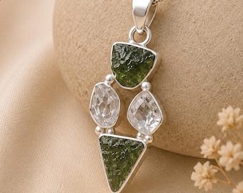 Rå Moldavit & Herkimer Diamanthänge, 925 Sterling Silver, Äkta Tjeckisk Moldavitkristall, Flerstens Healing Smycken, Present till Henne