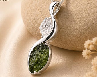 Äkta Moldavithänge med Herkimer-diamant, 925 sterlingsilver, rå Moldavitkristall från Tjeckien, helande kristallsmycken