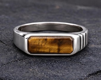 Tigeröga signetring för män, silverbaguettering, minimalistisk herrring, brun stenring, uttalandering, present till honom