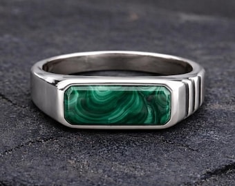 Malakit signetring för män, 925 sterlingsilverring, grön stenring, statementring, minimalistiska signetsmycken, pojkvänspresent till honom