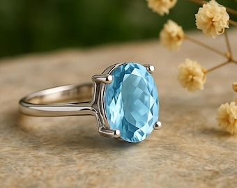 Naturlig akvamarinring, 925 sterlingsilver, oval 6 x 8 mm fasetterad ädelsten, klumpinfattning, mars födelsesten, akvamarinsmycken, present till henne