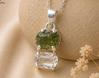 Äkta tjeckisk moldavit- och herkimerdiamanthänge, 925 sterlingsilver, råa moldavitkristallsmycken, naturlig helande sten, present till henne