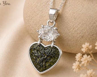 Äkta Moldavit- och Herkimer-diamanthänge, 925 sterlingsilver, tjeckisk Moldavitkristall, hjärtformad Moldavithänge, helande smycken