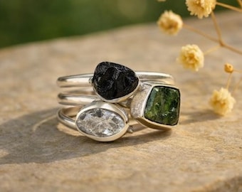 Äkta Moldavit, Herkimer Diamant & Svart Turmalin Ring, 925 Sterling Silver, Läkande Kristallring, Råa Kristallsmycken, Gåva till henne