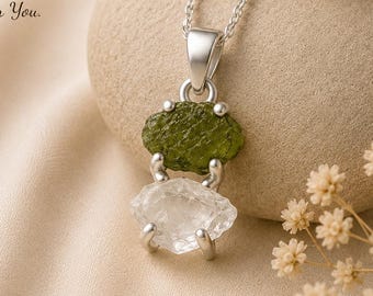 Rå Moldavit & Herkimer Diamanthänge, Halsband i 925 Sterling Silver, Äkta Tjeckisk Moldavitkristall, Läkande Smycken, Gåva till Henne