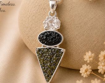 Äkta Moldavit Herkimer Diamant & Svart Turmalin Hänge, 925 Sterling Silver, Äkta Tektitkristall, Läkande Hänge, Gåva till Henne
