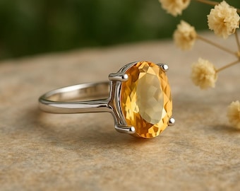 Naturlig citrinring, 925 sterlingsilver, ovalslipad ädelstensring med stiftinfattning, smycken med november-födelsesten, handgjord ring, present till henne