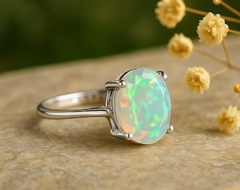Etiopisk opalring, 6 x 8 mm oval fasetterad opal, 925 massiv sterlingsilverring, smycken med oktobers födelsesten, opalförlovningsring för kvinnor