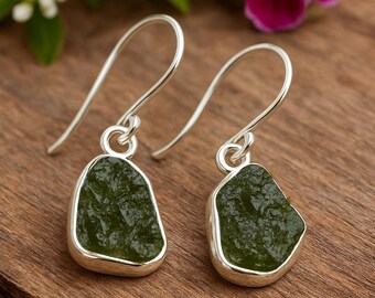 Raw Moldavite Earrings: Sterling Silver Dangle, Boho Green Crystal