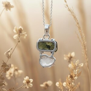 Naturligt Moldavit & Herkimerhänge, 925 Sterling Silver, Läkande Kristall Från Tjeckien, Rå Moldavit Energihänge, Boho Smycken bild 3
