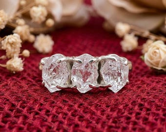 Herkimer diamantring, 925 sterlingsilver, damring, rå kristallkvarts, tre ädelstensring, damring, jubileumspresent till henne