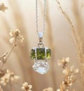 Genuine Moldavite & Herkimer Diamond Pendant, 925 Sterling Silver, Czech Moldavite Healing Crystal, Raw Stone Energy Pendant, Gift For Her