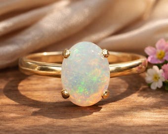 Naturlig etiopisk opalring, 14k guld vermeil, oktober födelsesten, läcker opalring, minimalistisk ring, eldopal smycken, present till kvinnor