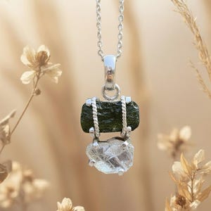 Naturligt Moldavit & Herkimerhänge, 925 Sterling Silver, Läkande Kristall Från Tjeckien, Rå Moldavit Energihänge, Boho Smycken bild 6