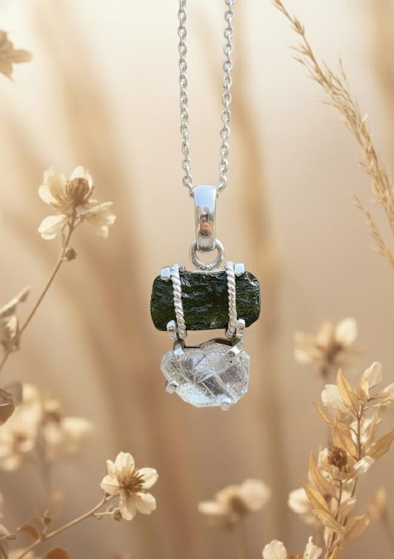Naturligt Moldavit & Herkimerhänge, 925 Sterling Silver, Läkande Kristall Från Tjeckien, Rå Moldavit Energihänge, Boho Smycken bild 6
