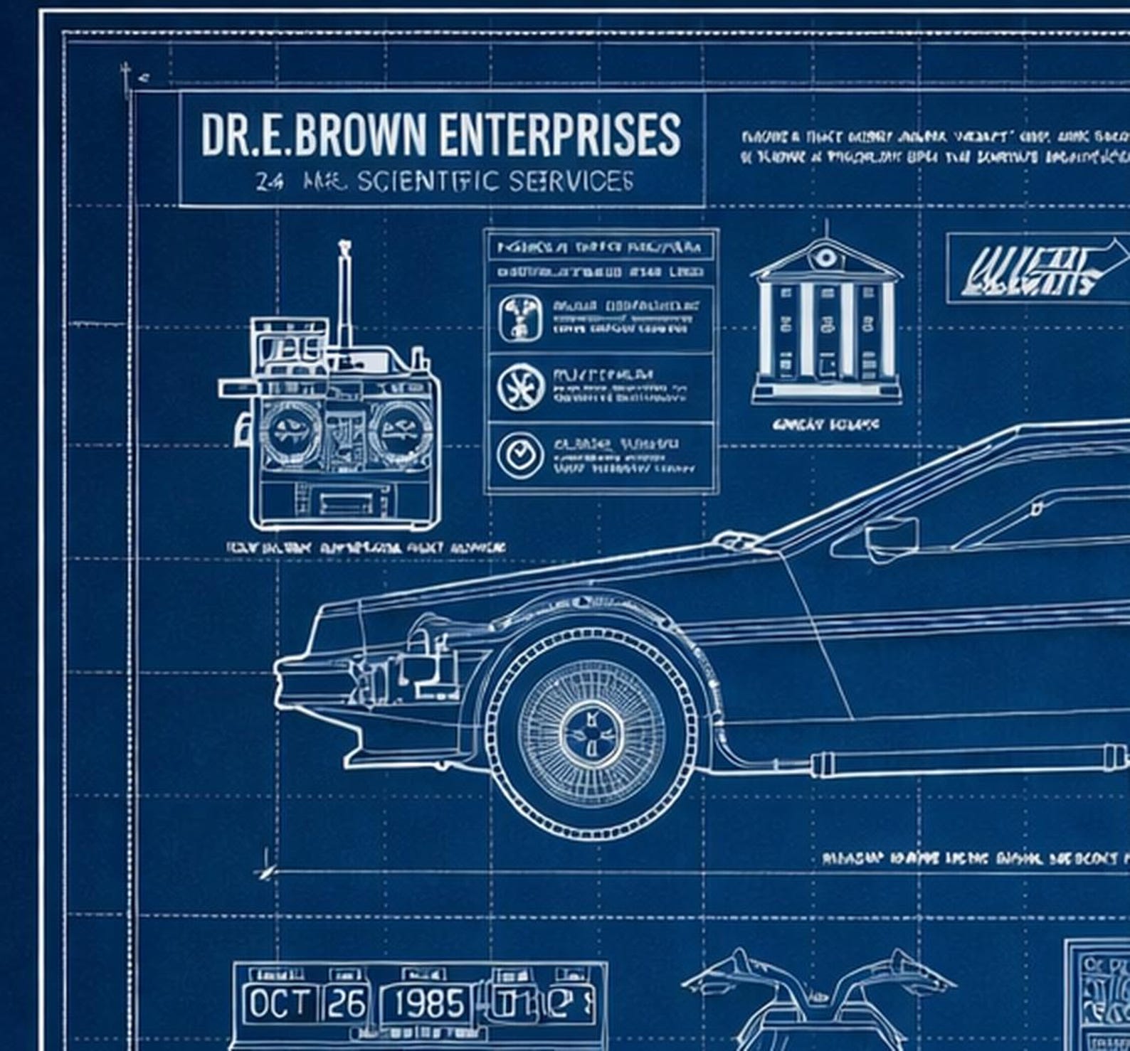 Delorean Time Machine Blueprint Poster, Retro Sci-fi Car & Train Art ...