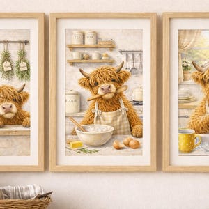 May include: Set of three framed prints featuring a Highland cow in a kitchen setting. The cow is depicted in various kitchen activities, including baking and washing dishes. The prints have a warm color palette with wooden frames.