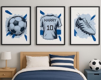 Personalisierte Fußball Wand Kunst Drucke, Jungen Schlafzimmer Dekor, 3er-Set