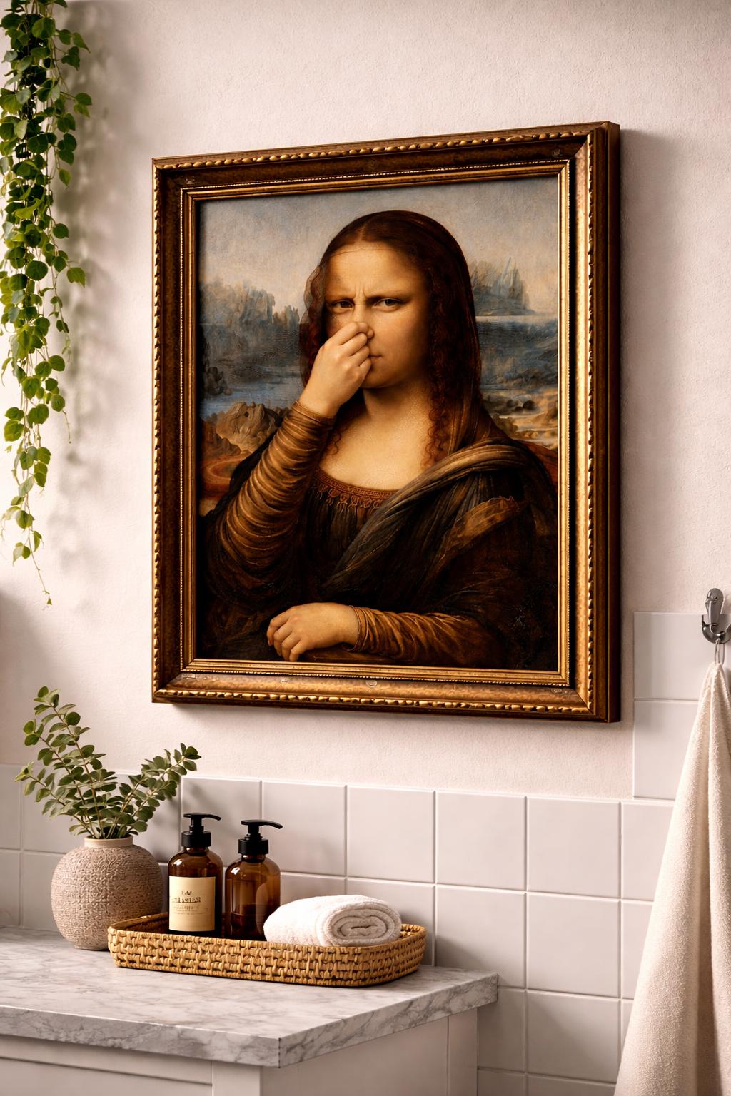 Funny Mona Lisa Bathroom Print | Nose Holding Poster, Toilet Wall Art ...