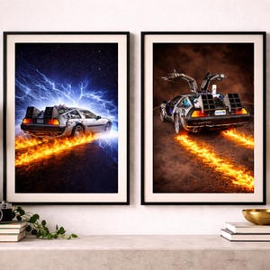 Affischset med tidsresebil från DeLorean | Science fiction-konst med film från 80-talet (digital nedladdning i A4-format)