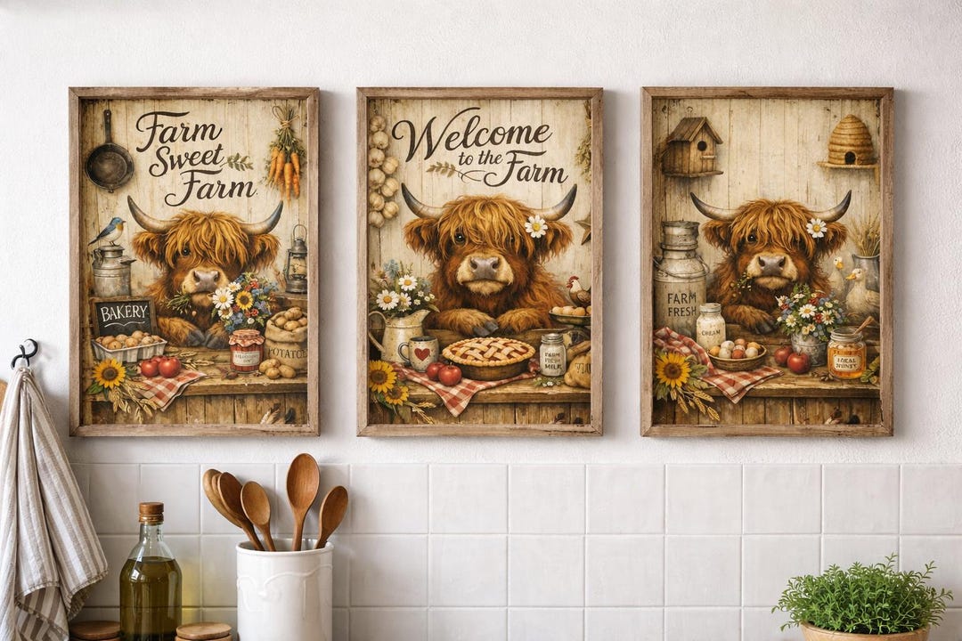Highland Cow Kitchen Prints, Rustic Farmhouse Wall Art, Set of 3, A4 A3 ...