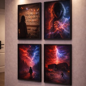 May include: Four framed art prints with black frames. The prints depict scenes with figures, lightning, and text. One print shows the alphabet. The color palette includes red, blue, and black.