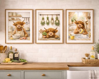 Set di stampe per la cucina con mucche delle Highlands / Quadri da parete in stile rustico/country, formato A4 e A3